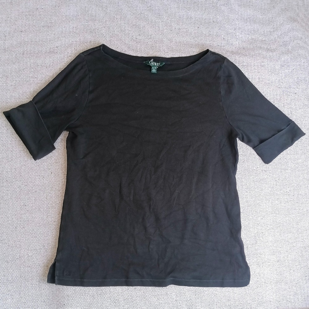 Lauren Ralph Lauren Top Womens XL Black Excellent Boat Neck Cuffed Sleeve Knit